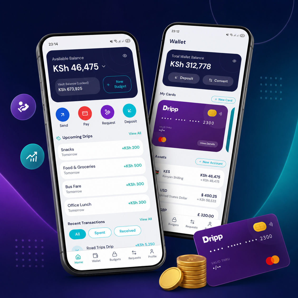 Dripp app preview — Home, Wallet, and card